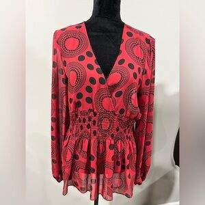 Bisou Bisou Red and Black Circle Pattern sheer. Blouse